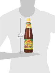 Maggi botella junto a utensilios para mostrar la escala y rendimiento