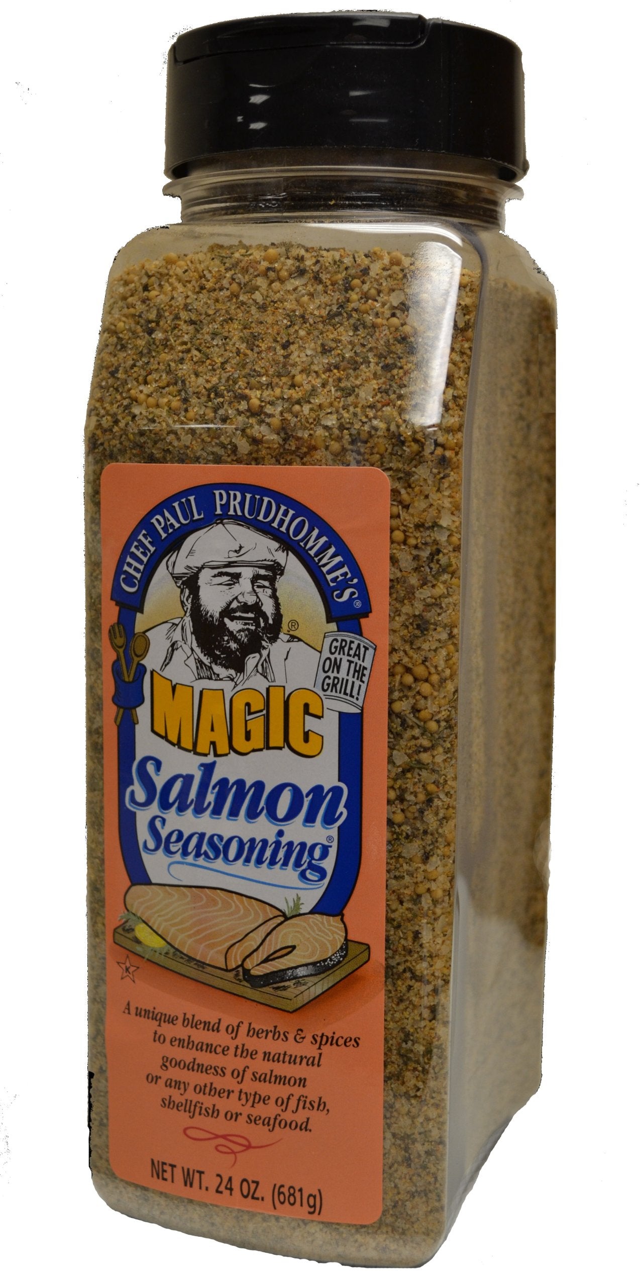 Magic Seasoning Blends Salmon Magic frasco frontal mostrando etiqueta y tamaño 24 oz, realza sabor