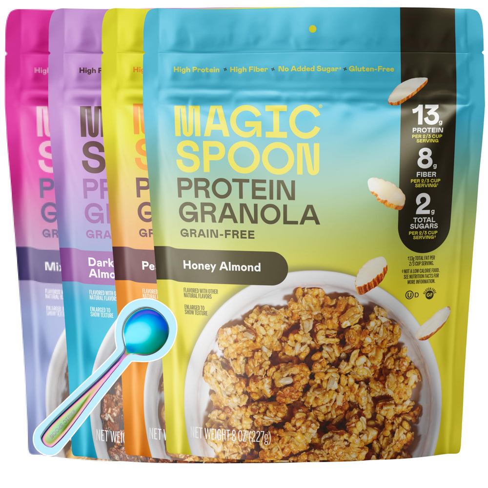Magic Spoon empaque frontal mostrando el pack de cuatro sabores y facilidad de uso