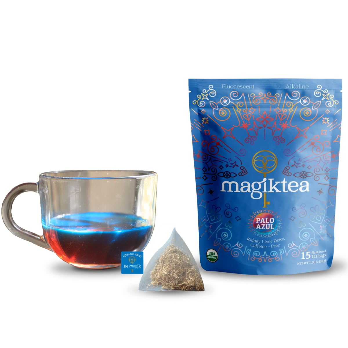 Magiktea empaque frontal mostrando bolsitas y etiqueta orgánica