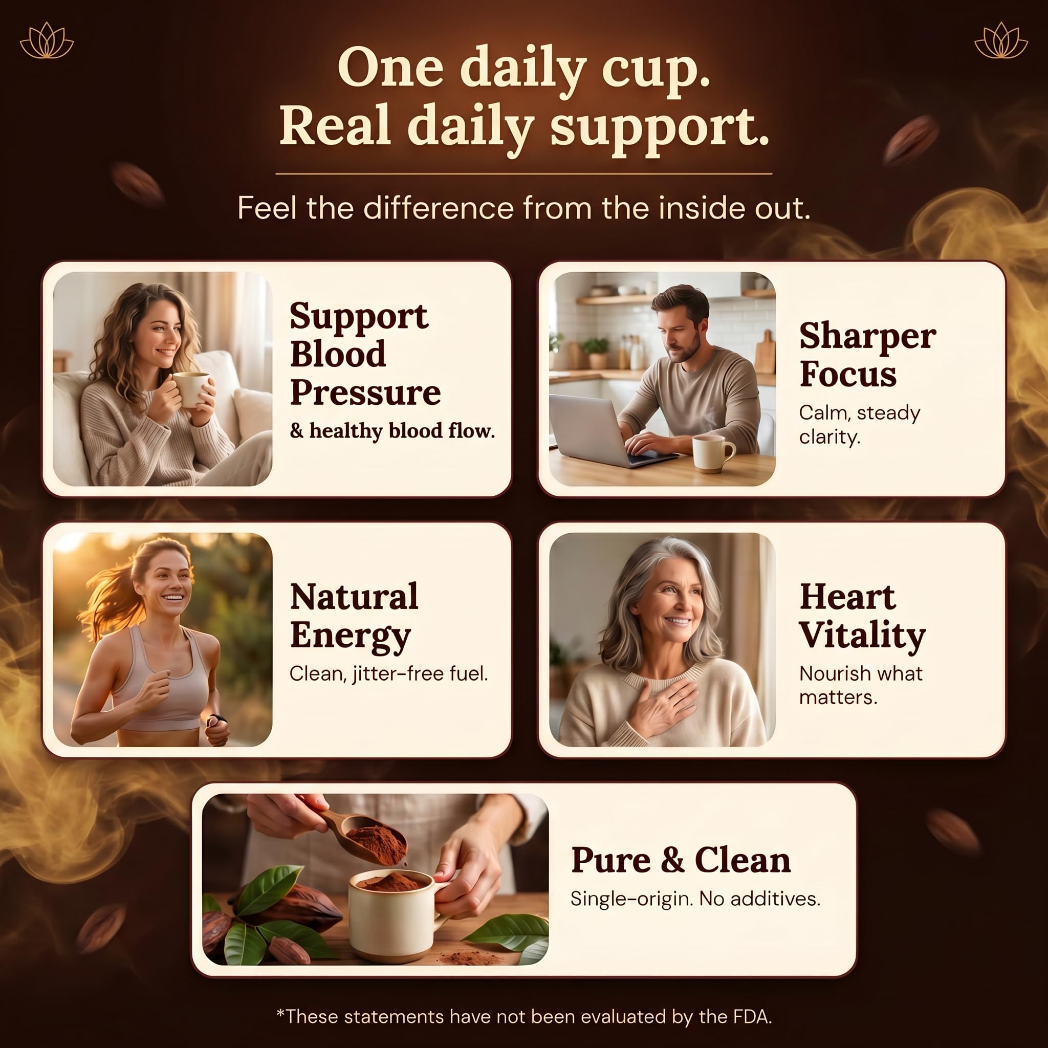 Maïa Superfoods taza de cacao servida lista para beber, energía suave y cómoda