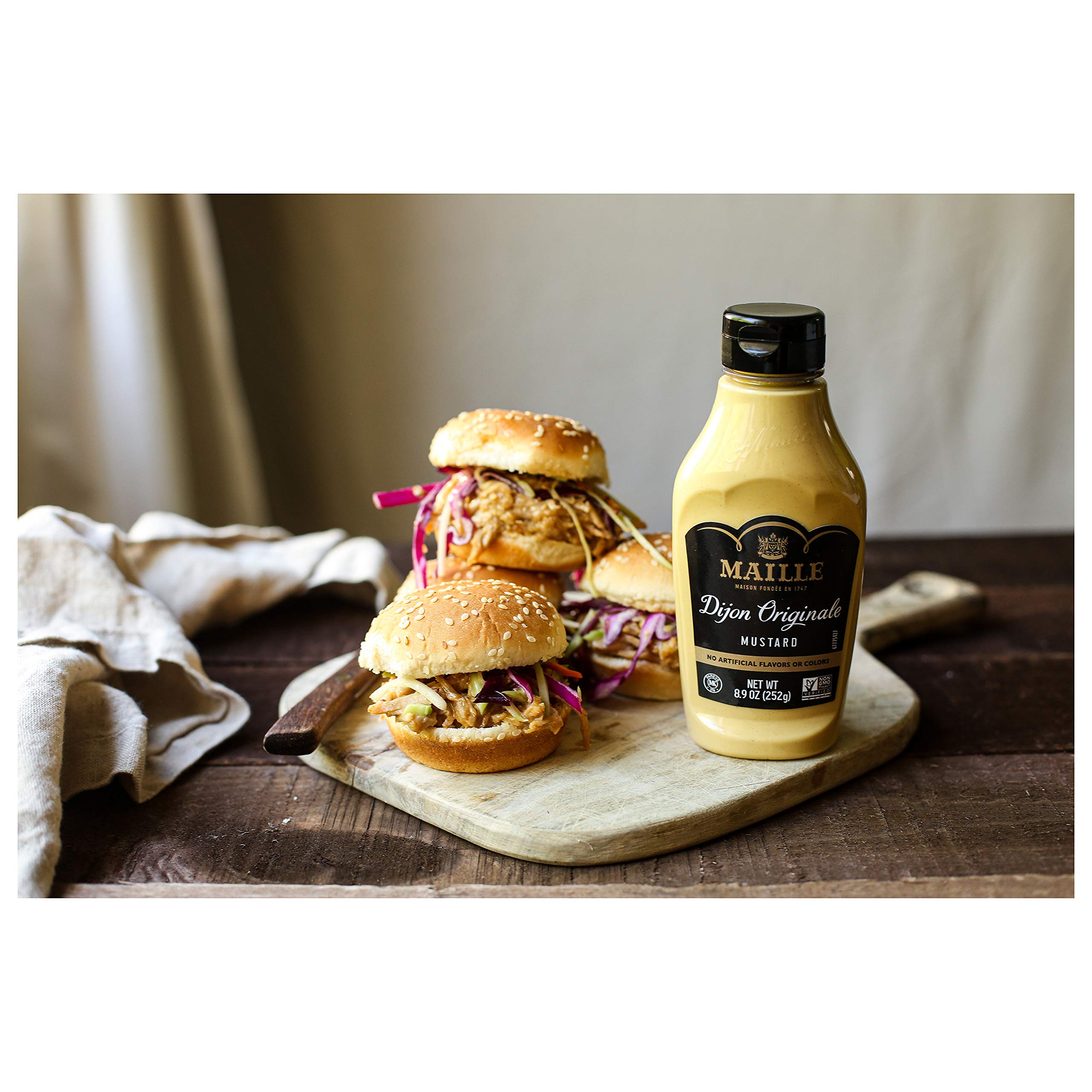 Maille etiqueta con certificaciones NON GMO, sin gluten y kosher visibles