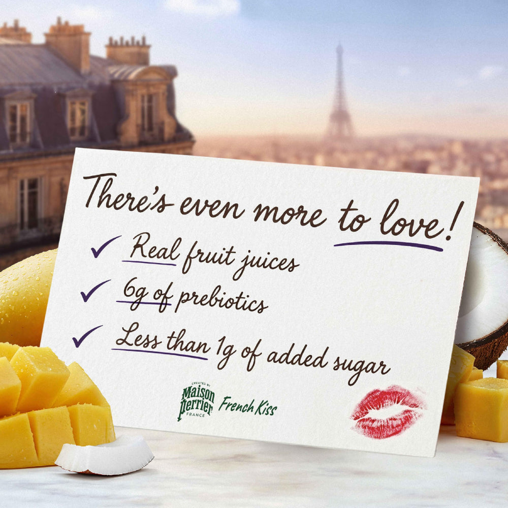 Maison Perrier lata abierta vertiendo burbujas, ideal para beber fría