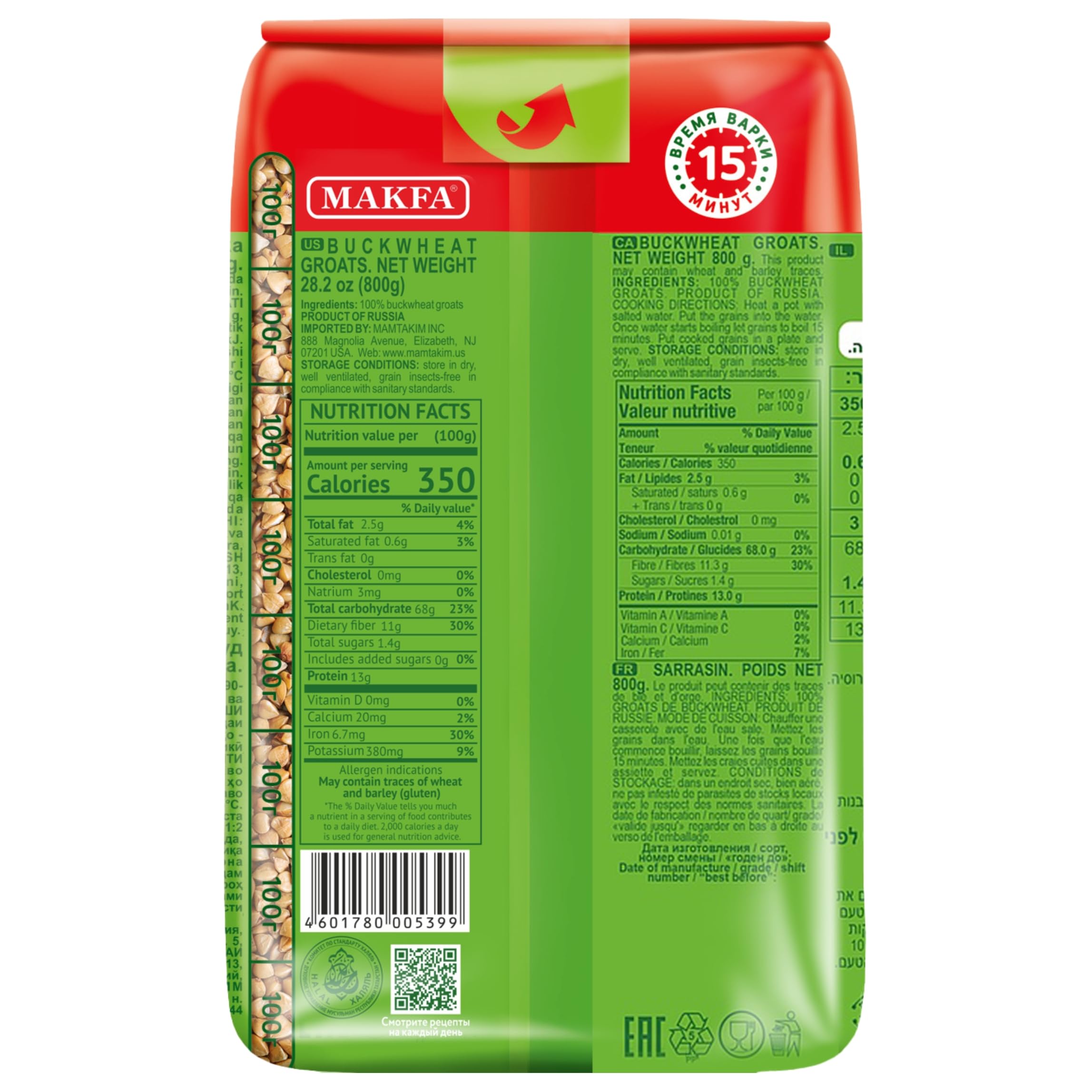 Makfa bolsa 800 g junto a manos para mostrar escala real