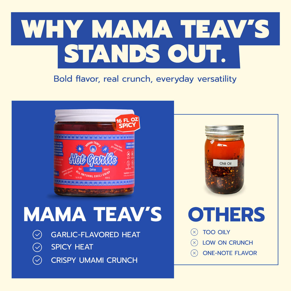 Mama Teav's comparación de tamaño 16oz junto a utensilios para escala clara