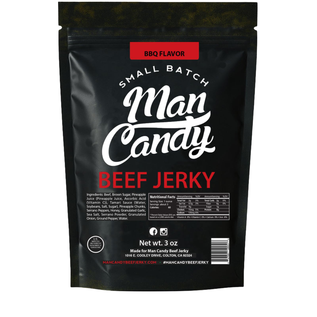 Man Candy frente del empaque mostrando diseño y tamaño portable