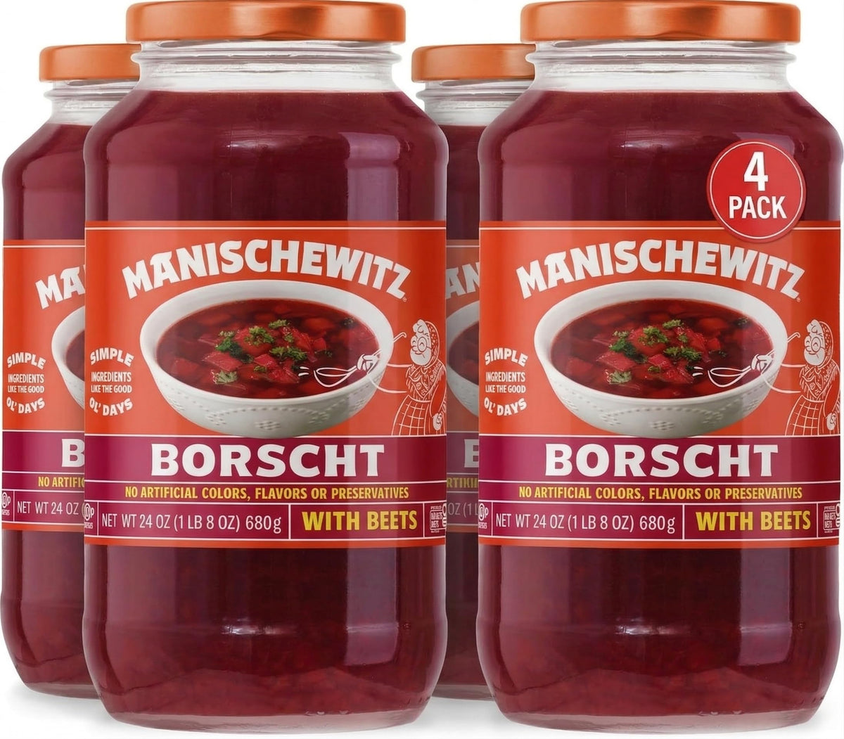 Manischewitz borscht frontal del envase mostrando la etiqueta y tamaño