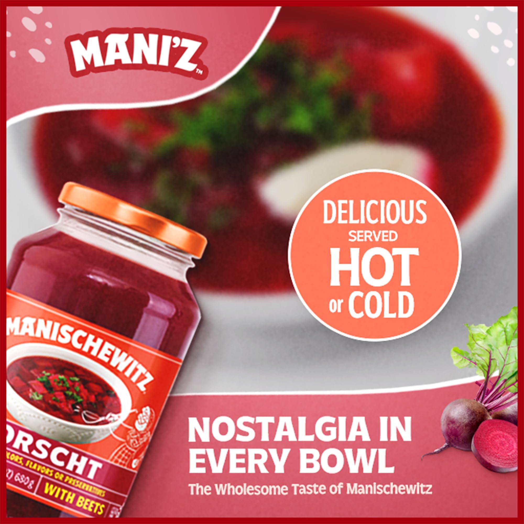 Manischewitz borscht pack de cuatro frascos mostrando escala y ahorro