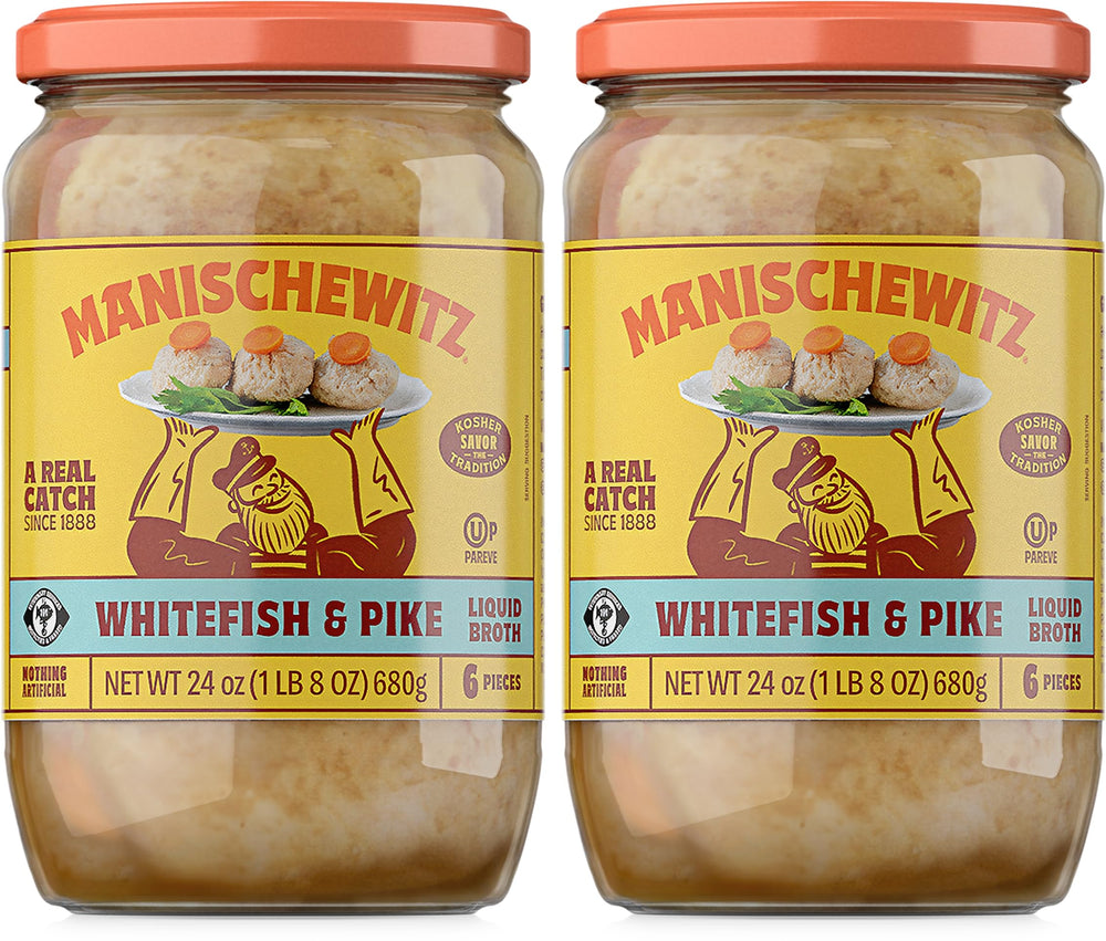 Manischewitz frasco frontal con gefilte fish listo para servir y etiqueta legible