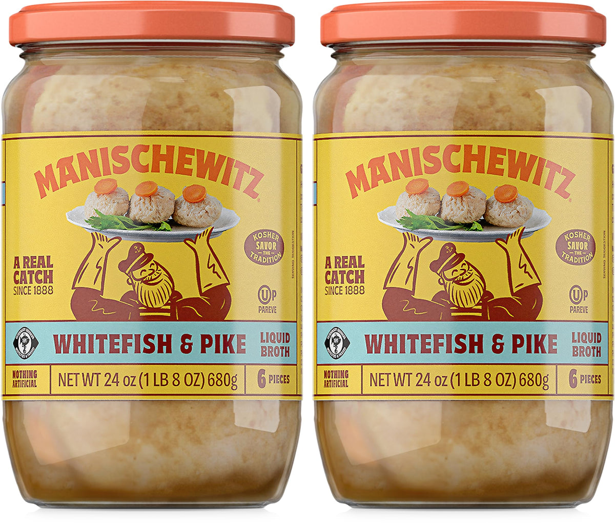 Manischewitz frasco frontal con gefilte fish listo para servir y etiqueta legible
