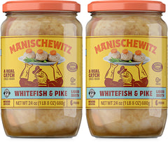 Manischewitz frasco frontal con gefilte fish listo para servir y etiqueta legible