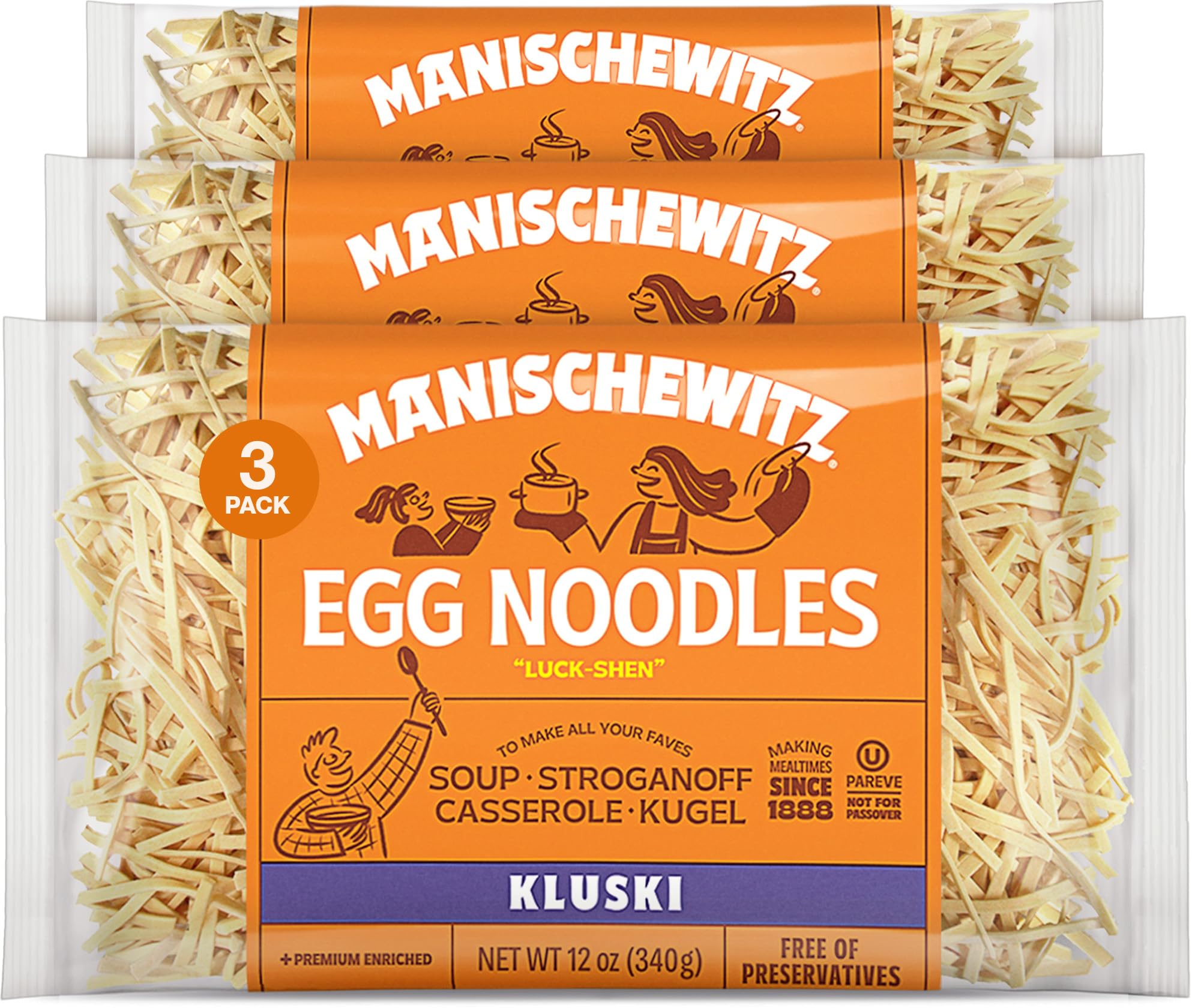 Manischewitz paquete frontal mostrando etiqueta y tamaño, conveniente para familia
