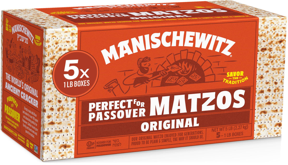 Manischewitz frente del paquete mostrando 5 cajas y sello Kosher, perfecta para Pésaj
