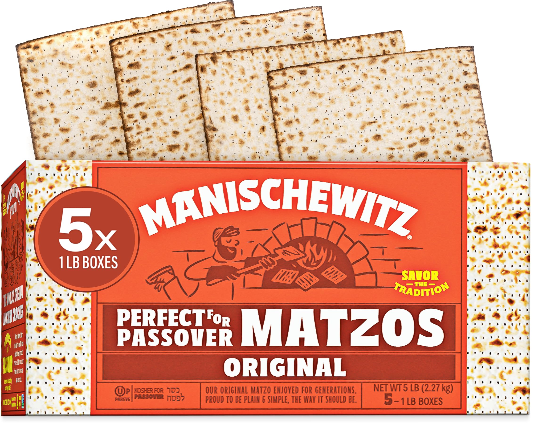 Manischewitz matzo empaque frontal mostrando 5 cajas y conveniencia