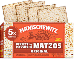 Manischewitz matzo empaque frontal mostrando 5 cajas y conveniencia