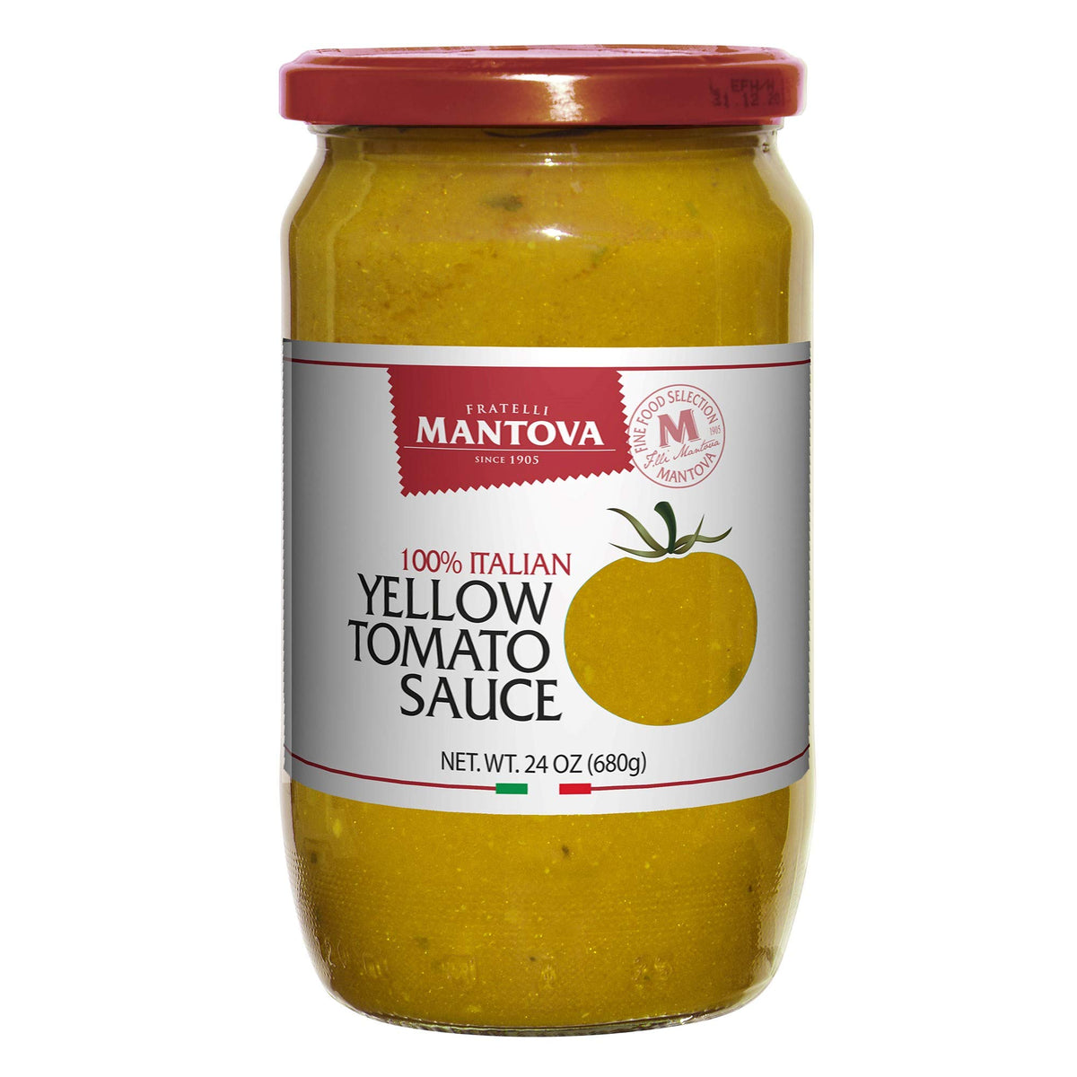 Mantova frasco frontal mostrando salsa de tomate amarillo, sabor auténtico italiano