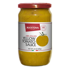 Mantova frasco frontal mostrando salsa de tomate amarillo, sabor auténtico italiano