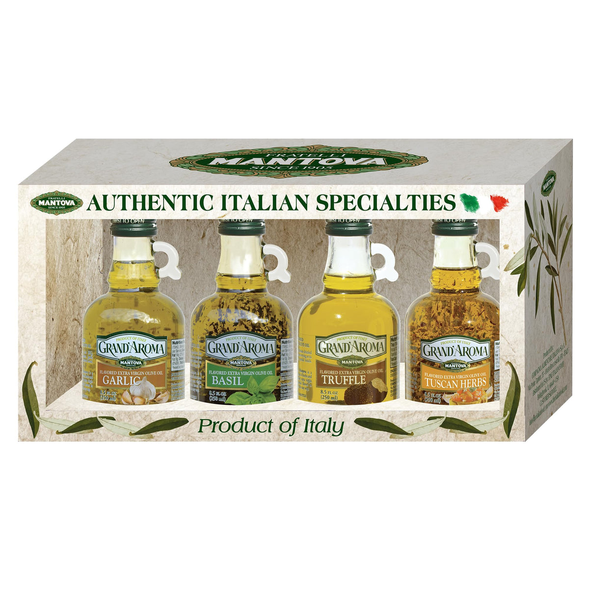 Mantova estuche frontal con las cuatro botellas aromatizadas para regalar