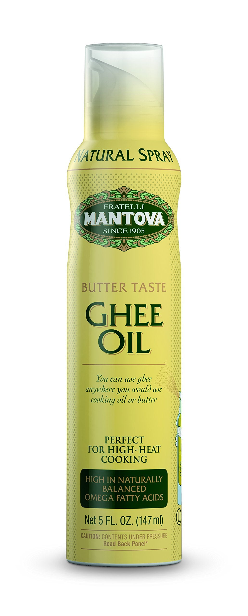 Mantova spray ghee frente del envase mostrando la etiqueta y tamaño