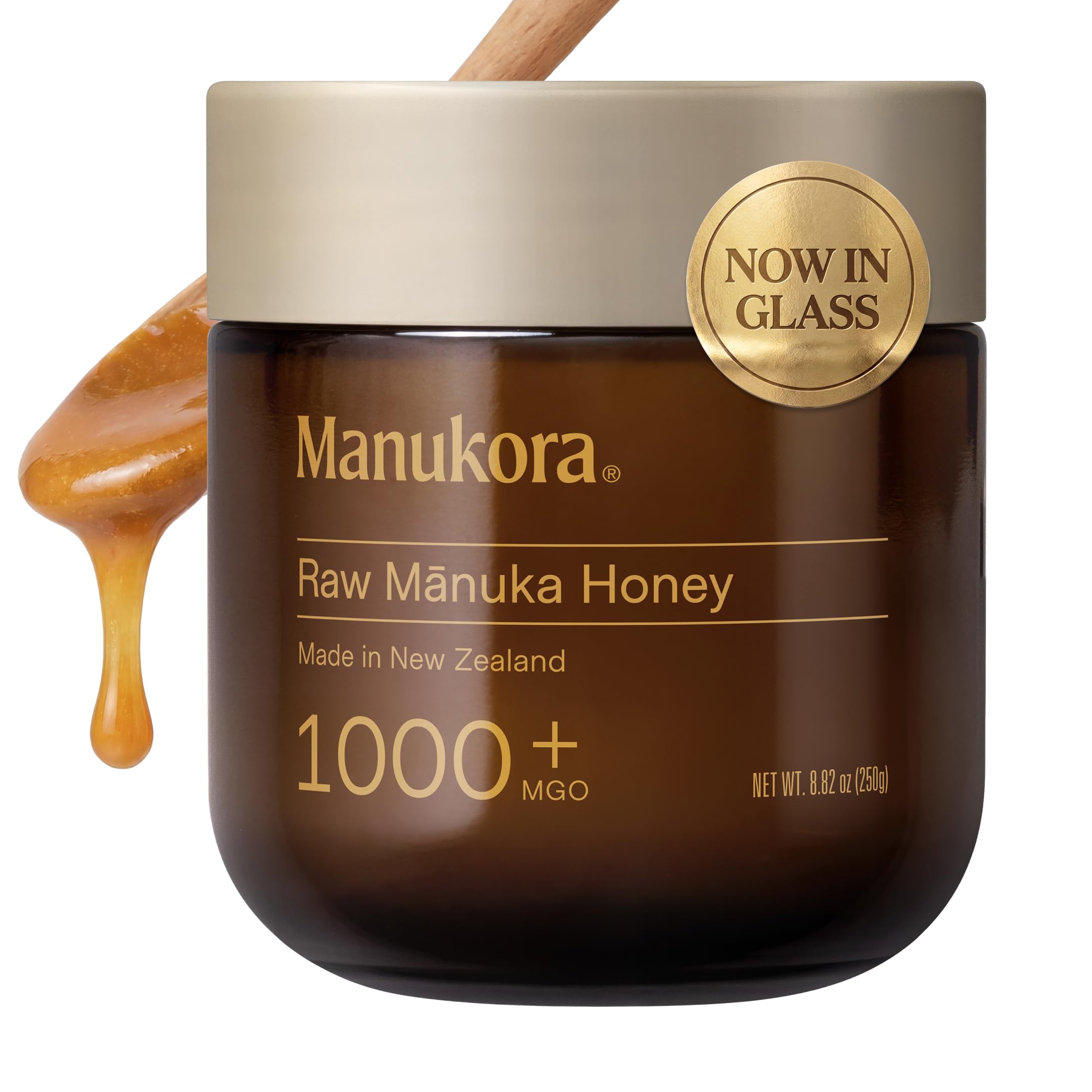 Manukora frasco frontal 250 g mostrando diseño y sello de MGO 1000+