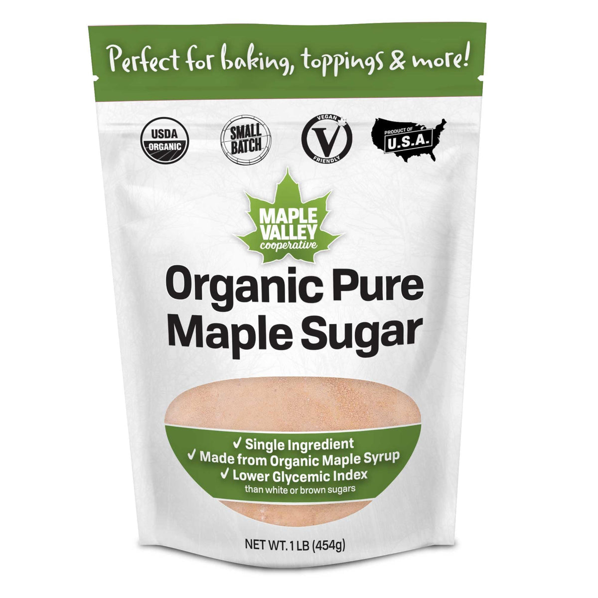 Maple Valley frente del empaque mostrando bolsa resellable y beneficio de frescura