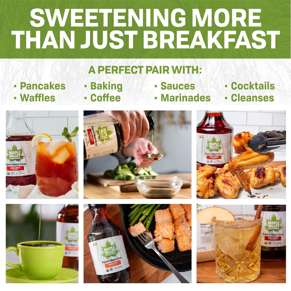 Maple Valley jarabe vertiéndose sobre panqueques, realza dulzura casera