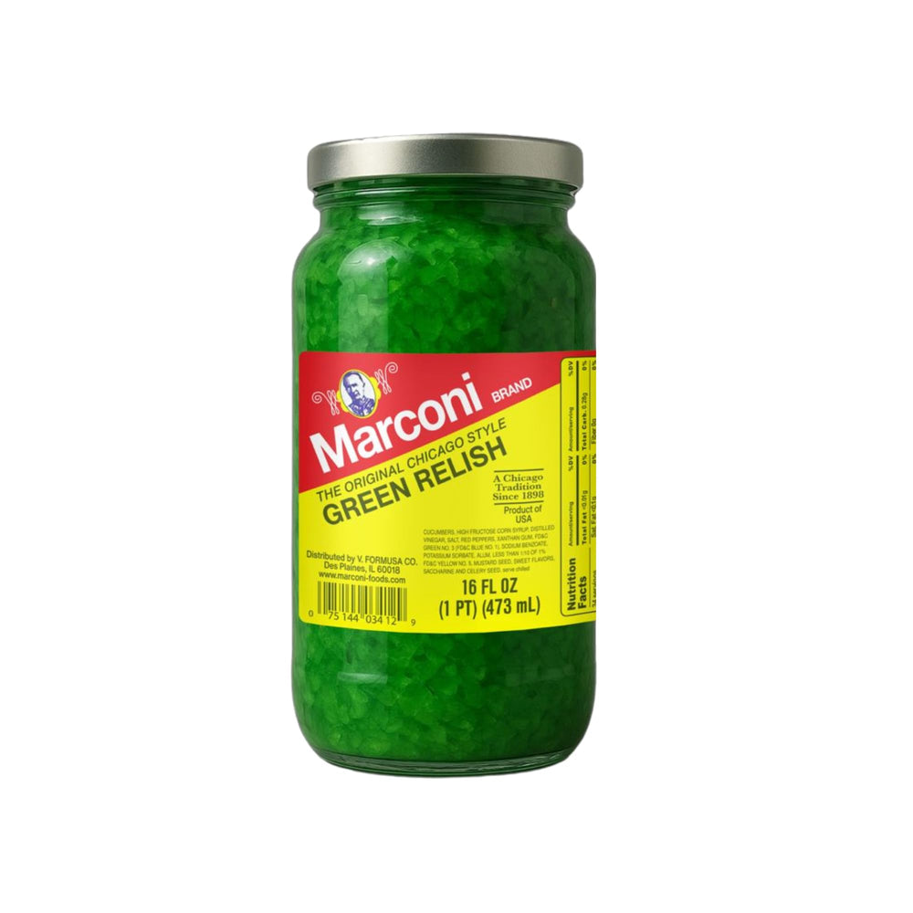 Marconi frasco frontal de 16 oz con relish verde, aporta sabor auténtico