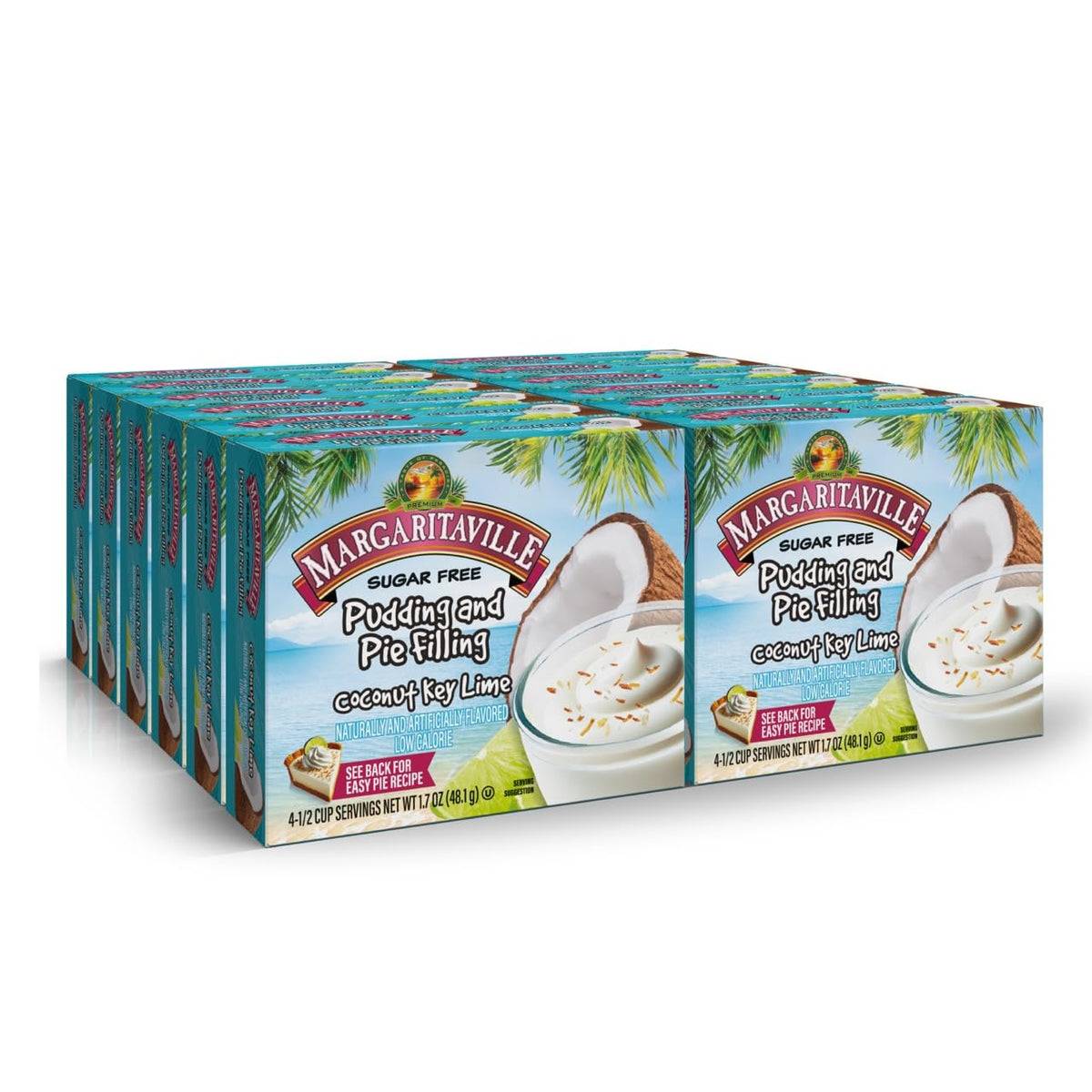 MARGARITAVILLE caja frente mostrando sabor coco y key lime para postres rápidos