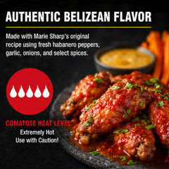 Marie Sharp’s etiqueta cercana con ingredientes naturales visibles