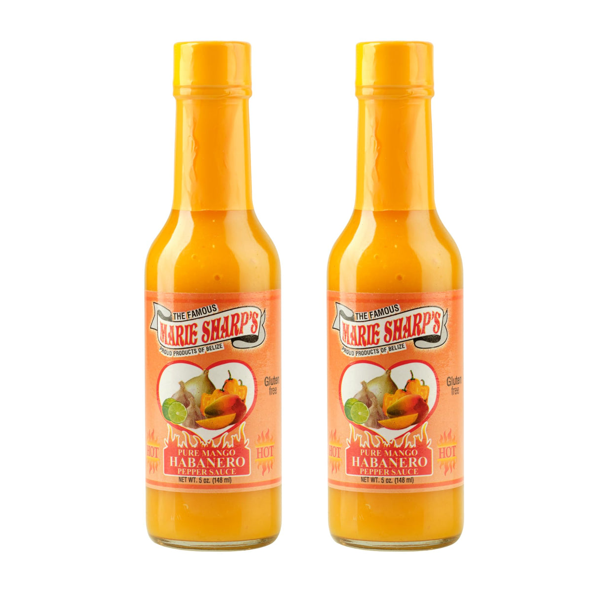Marie Sharp's botella frente mostrando salsa mango habanero y etiqueta clara