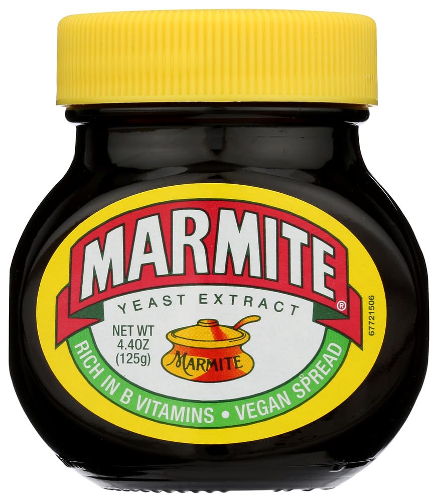 Marmite frente del paquete mostrando los cuatro frascos y etiqueta clara