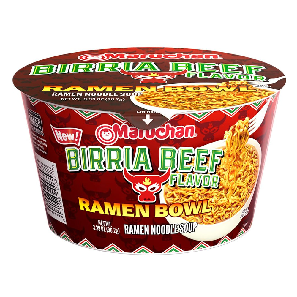 Maruchan tazón Birria de Res vista frontal mostrando empaque práctico y rápido para comer
