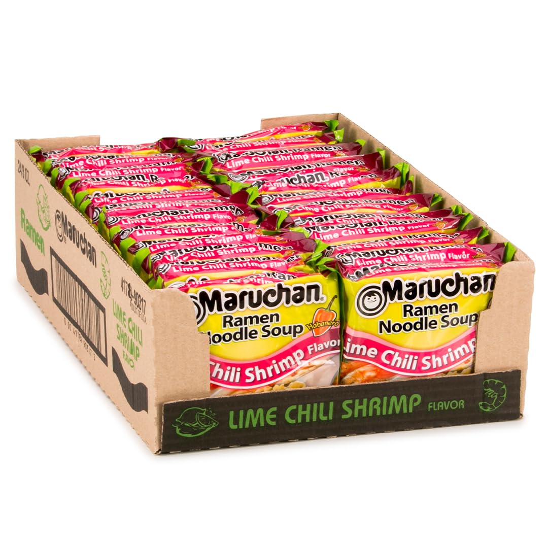 Maruchan empaque frontal Lime Chili Shrimp, sabor intenso listo rápido