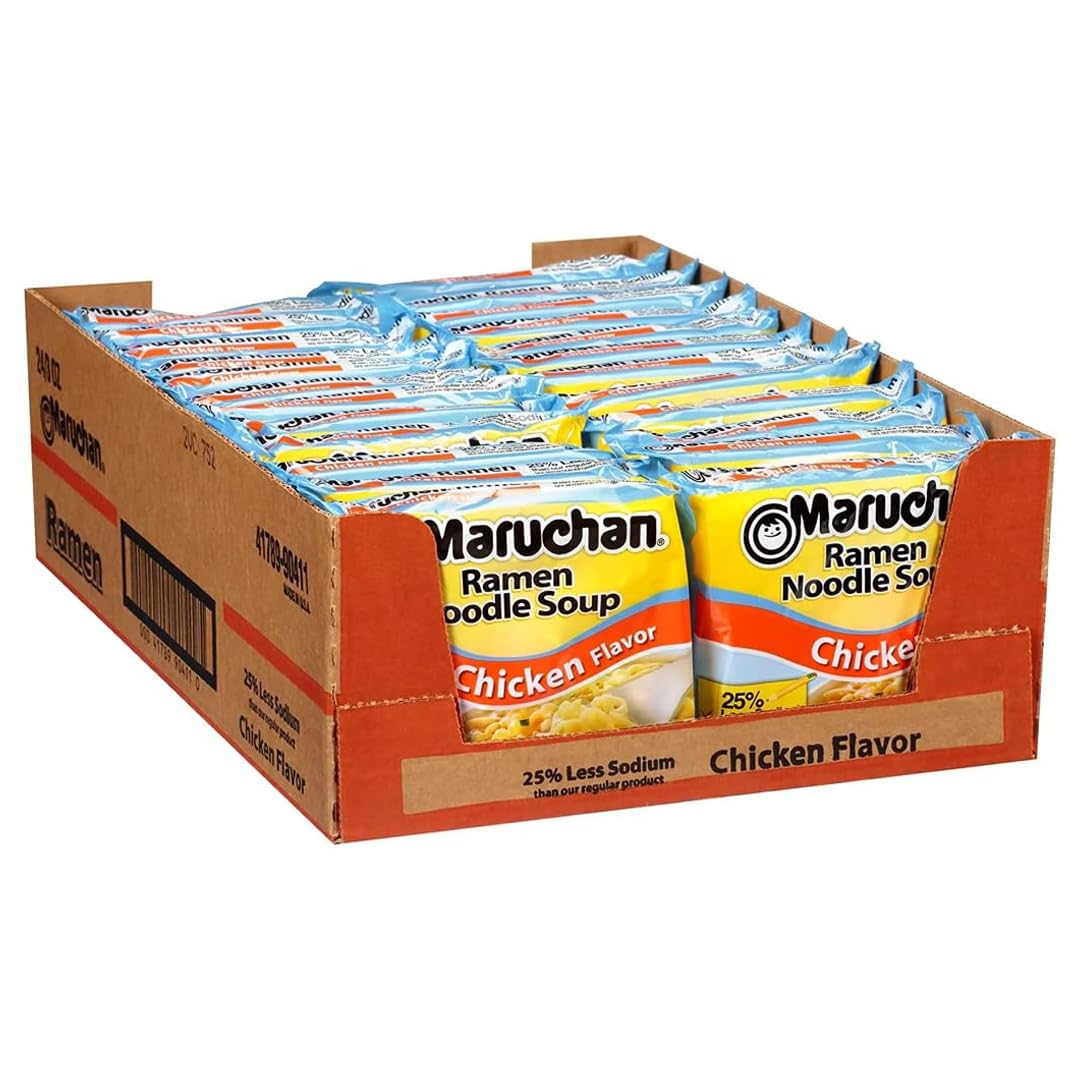 Maruchan frente del empaque mostrando la marca y sabor con menos sodio, conveniencia inmediata