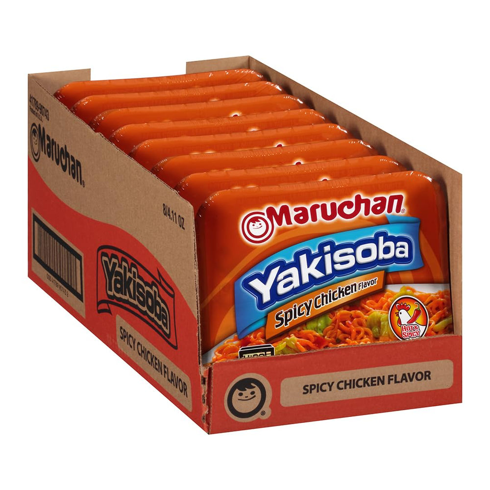 Maruchan Yakisoba empaque frontal mostrando marca y sabor pollo picante, conveniencia inmediata