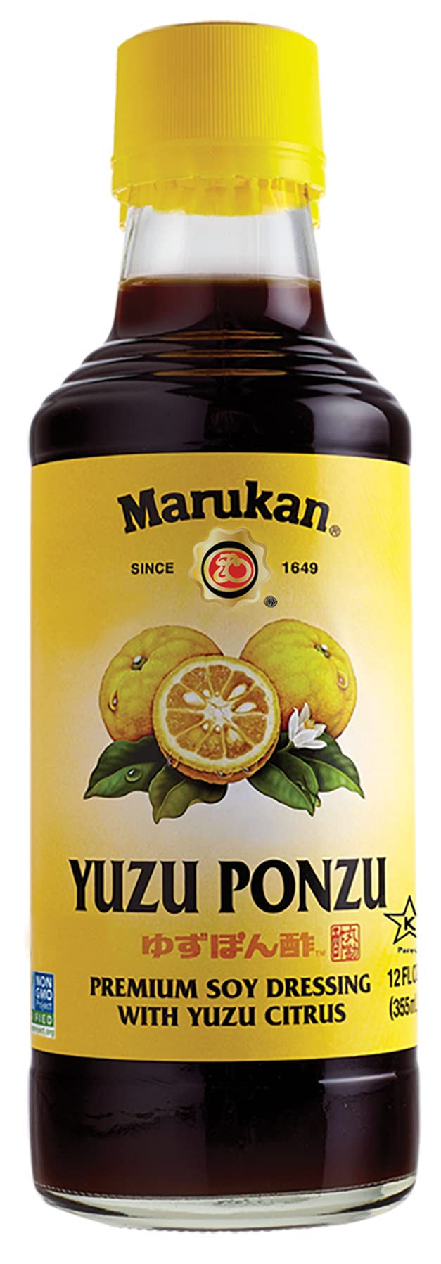 Marukan Ponzu Yuzu frontal mostrando botella y etiqueta, sabor cítrico