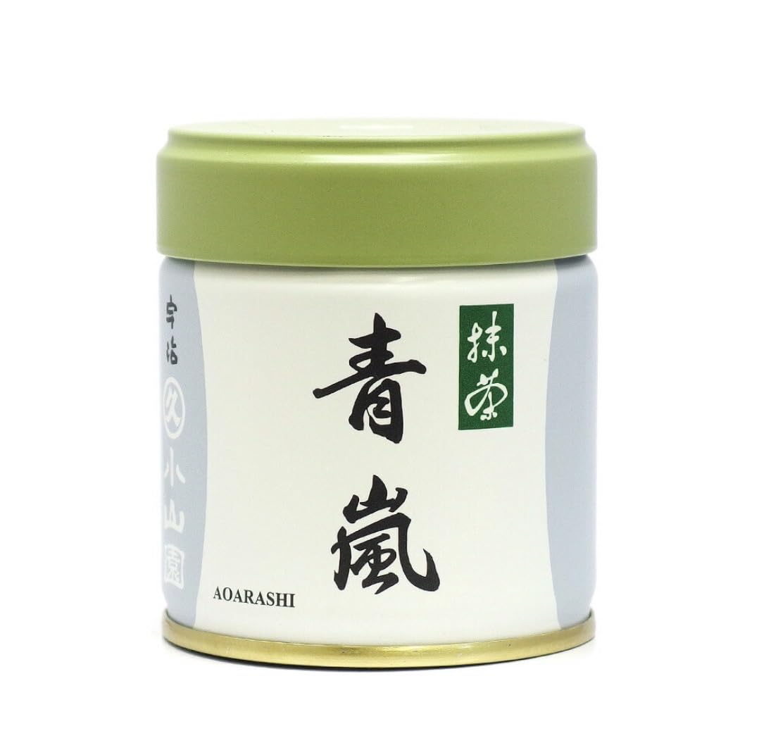 丸久小山園 envase frontal del matcha Aorashi mostrando etiqueta y tamaño