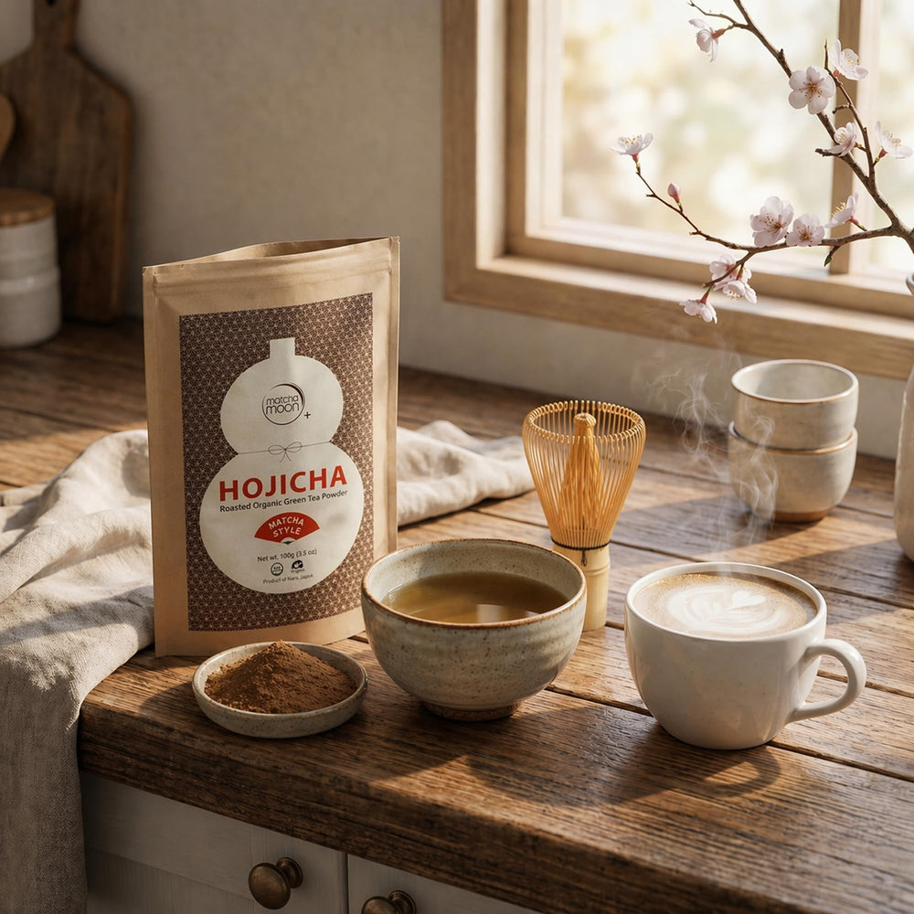 Matcha Moon bolsa abierta mostrando polvo interior y resellado práctico para conservar