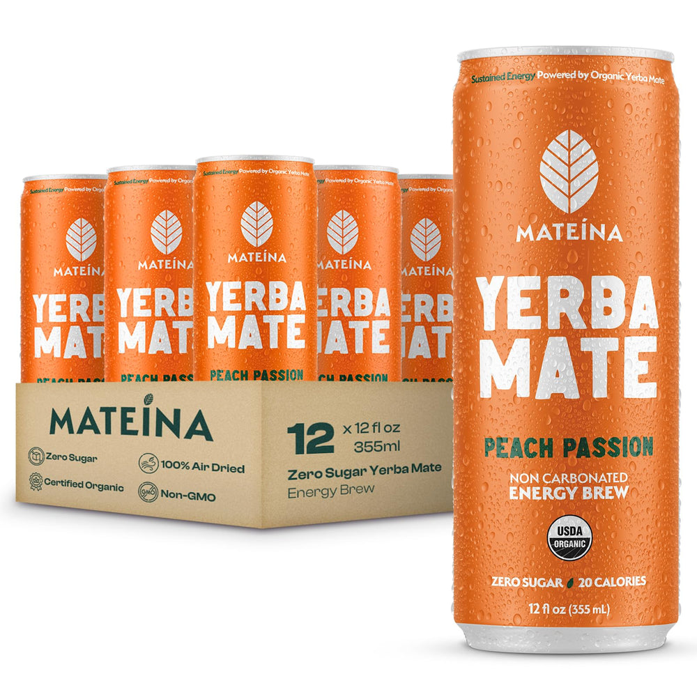 Mateina lata frontal Peach Passion mostrando etiqueta y beneficio energía limpia