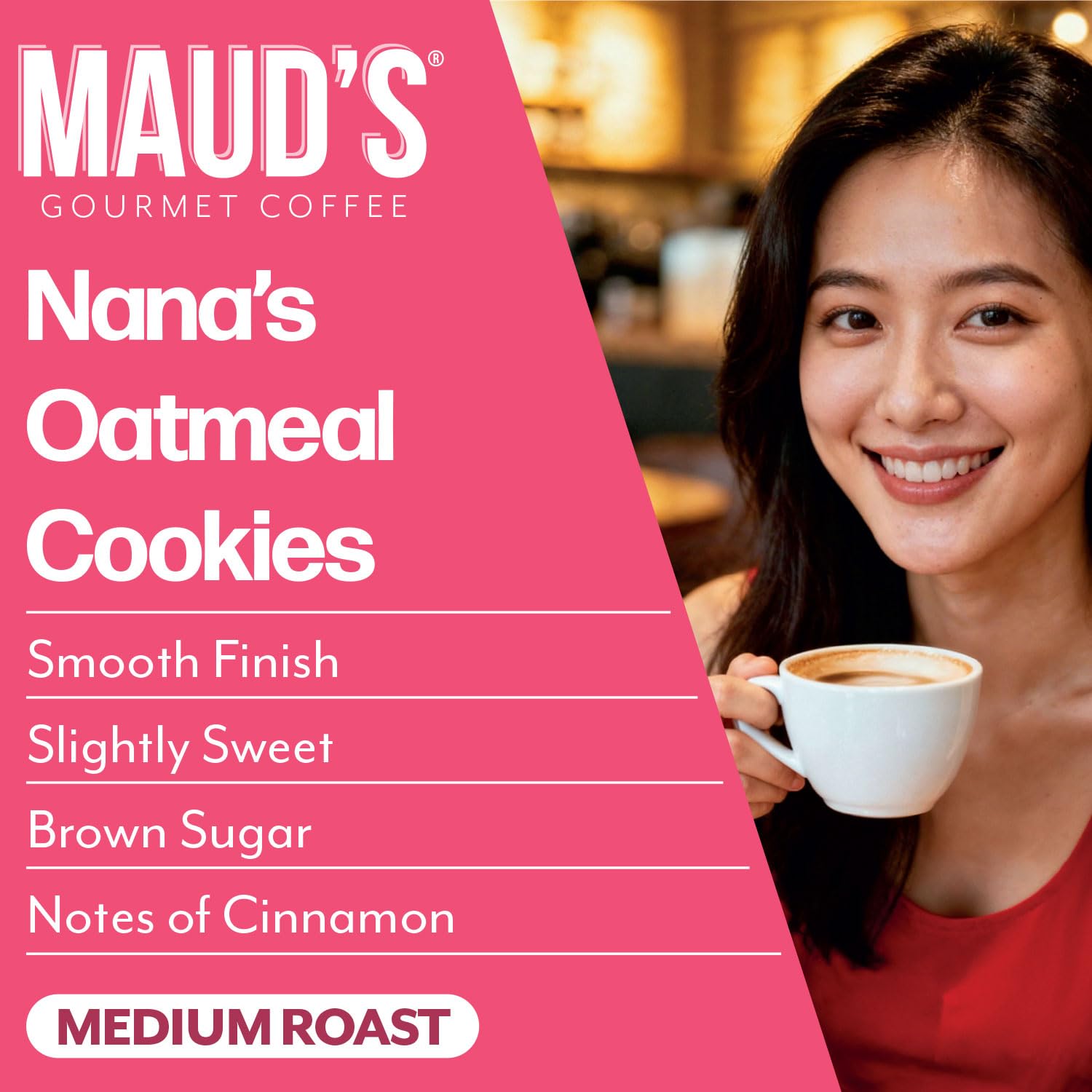 Taza servida con Maud's Oatmeal Cookie, aroma dulce y aspecto apetitoso