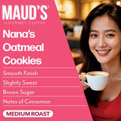 Taza servida con Maud's Oatmeal Cookie, aroma dulce y aspecto apetitoso