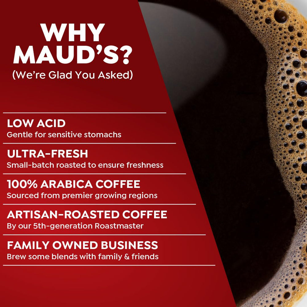 Maud's café vertido en taza resaltando aroma y sabor equilibrado