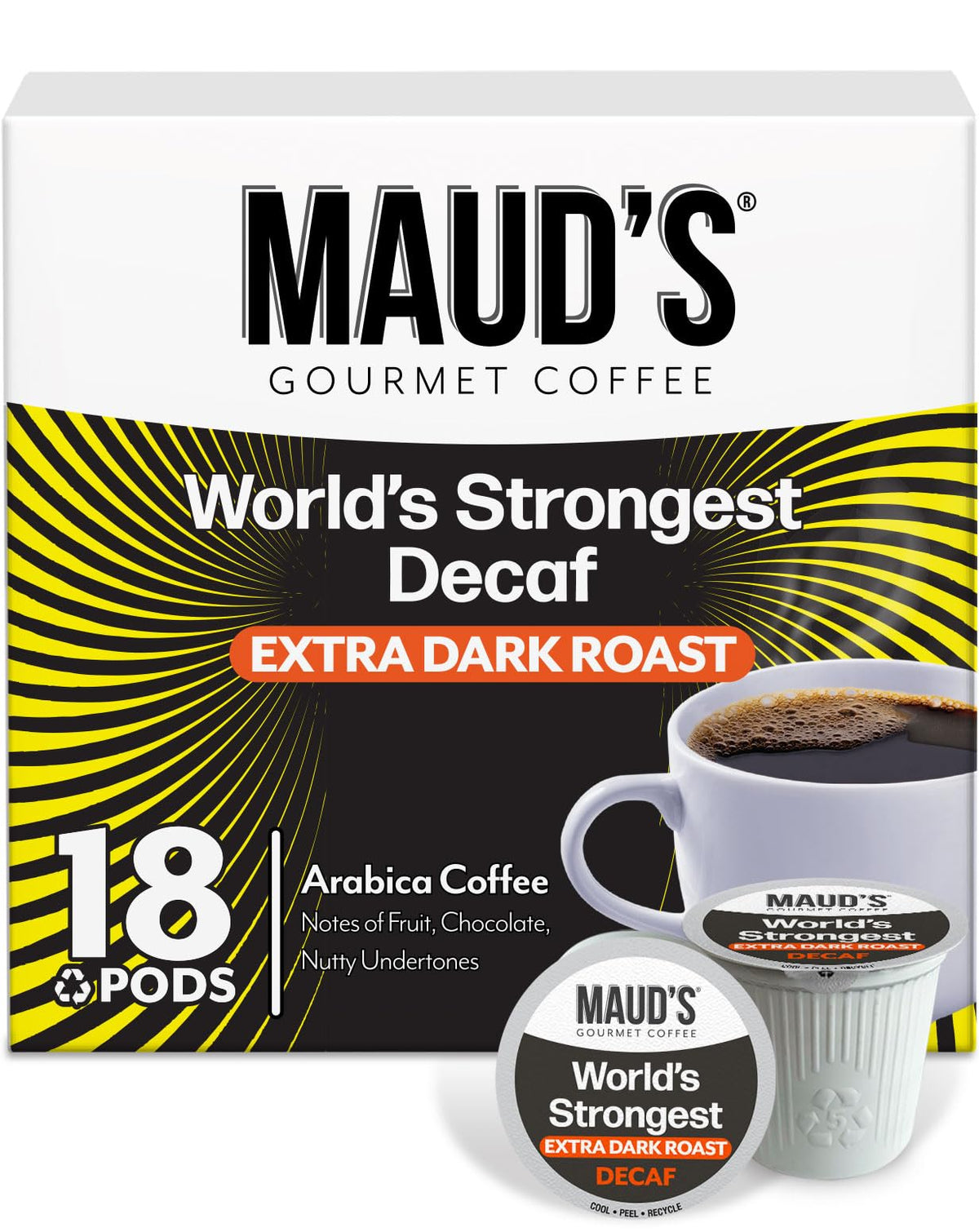 Maud’s caja frontal de 18 cápsulas mostrando el diseño y conveniencia