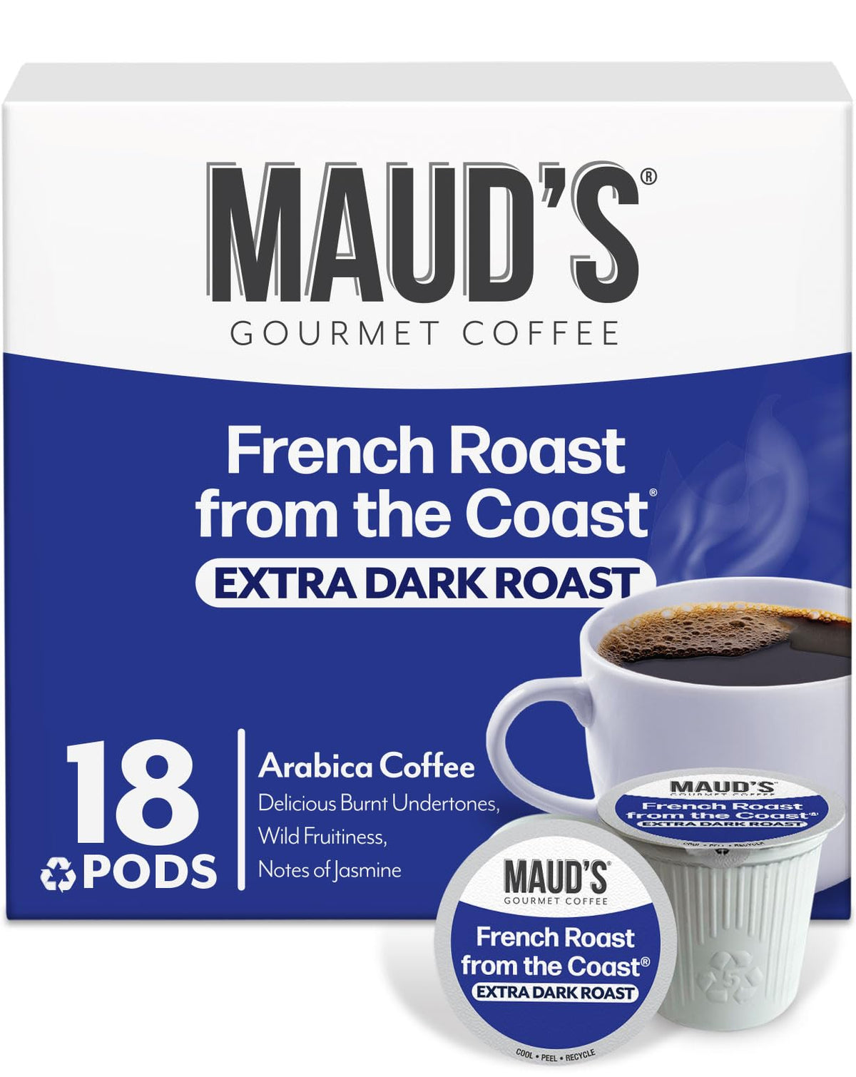 Maud's caja frontal mostrando 18 cápsulas y diseño atractivo