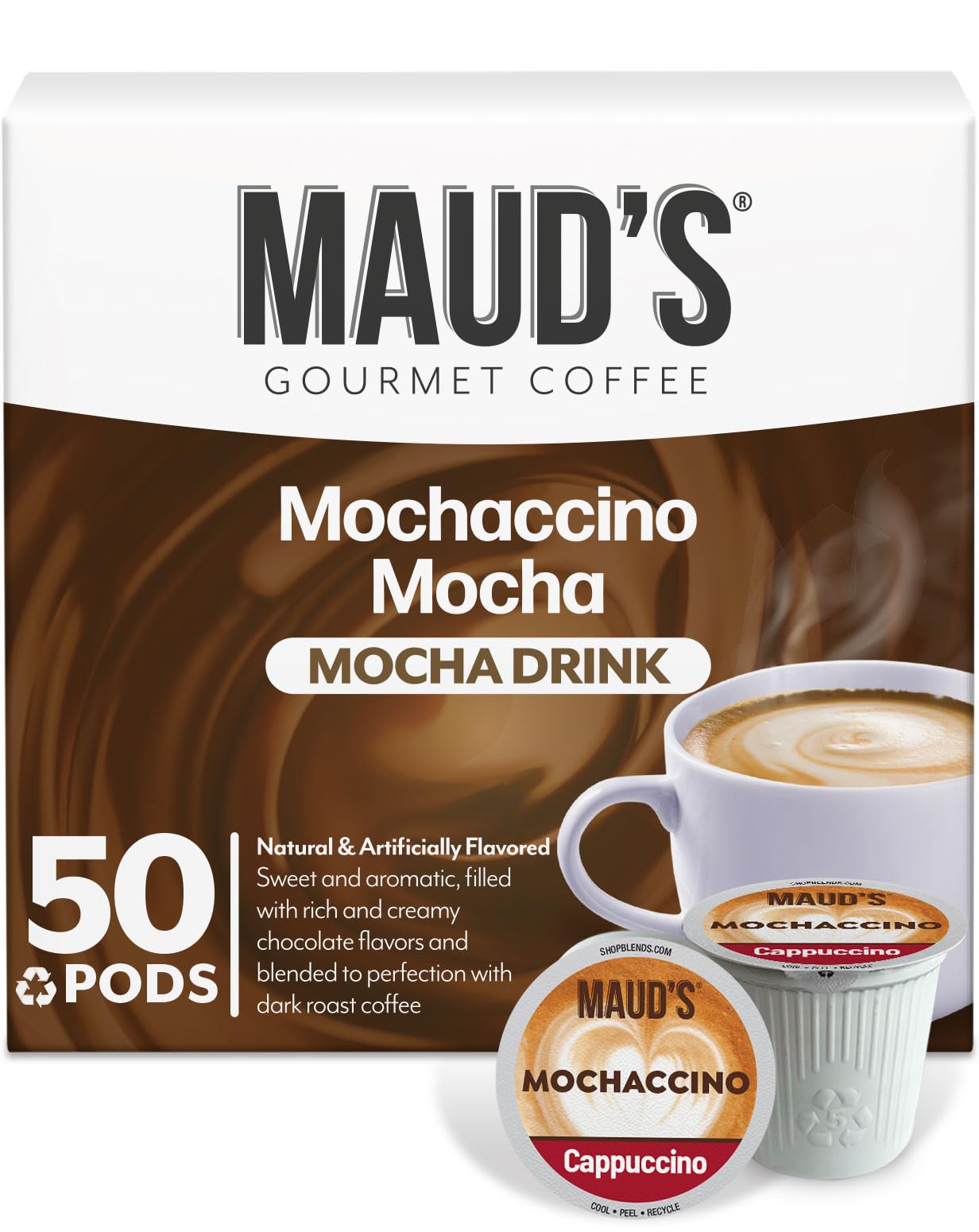 Maud's caja frontal de Mocha Cappuccino mostrando diseño y cantidad 50ct