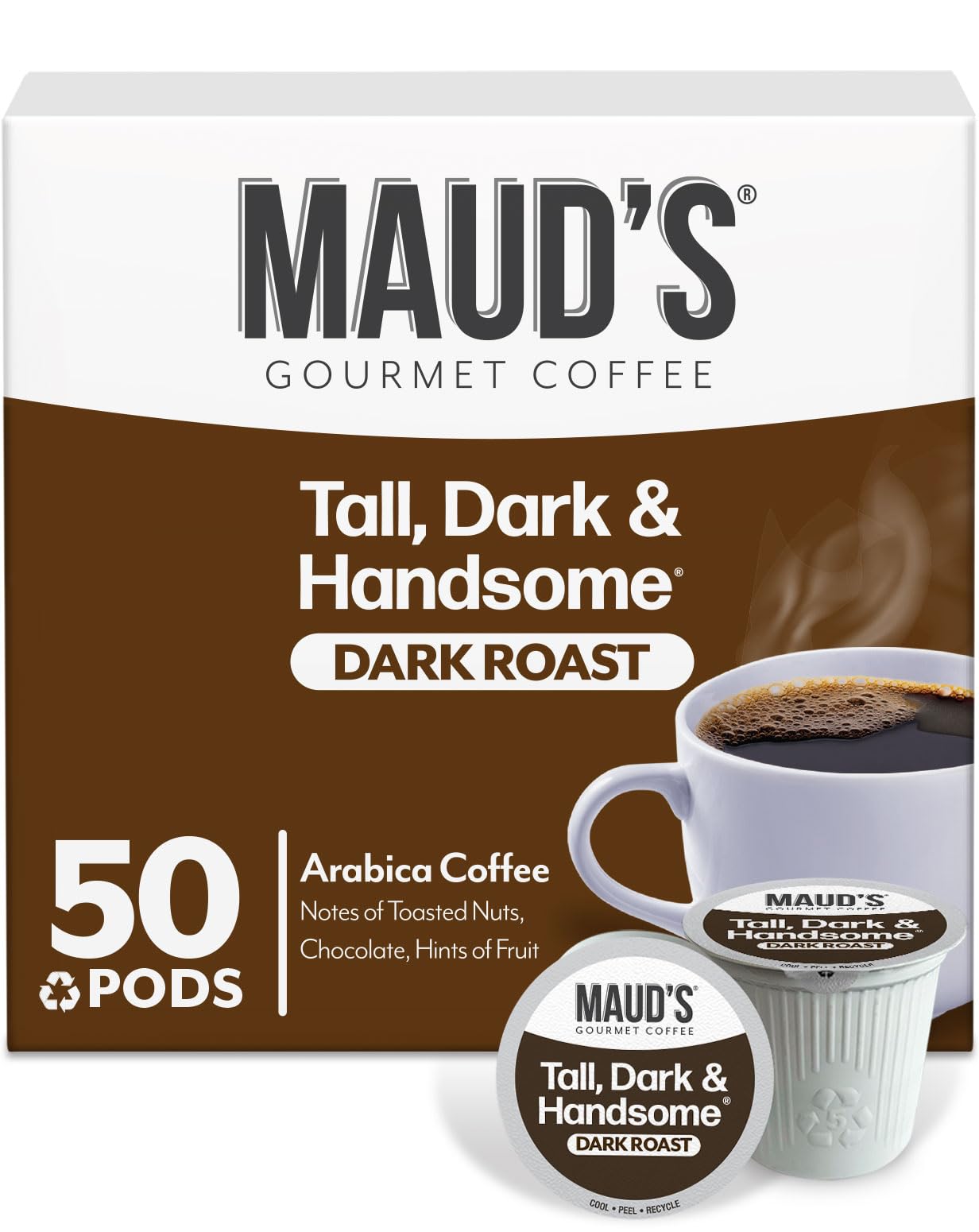 Maud's caja frontal mostrando 50 cápsulas y diseño atractivo