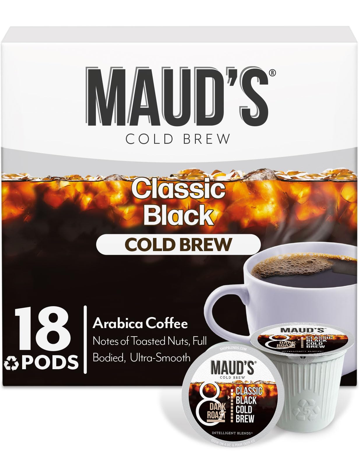 MAUD'S empaque frontal de cápsulas mostrando cantidad y marca, conveniencia inmediata