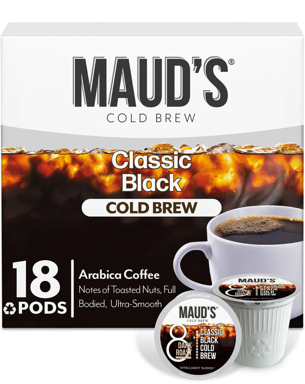 MAUD'S empaque frontal de cápsulas mostrando cantidad y marca, conveniencia inmediata