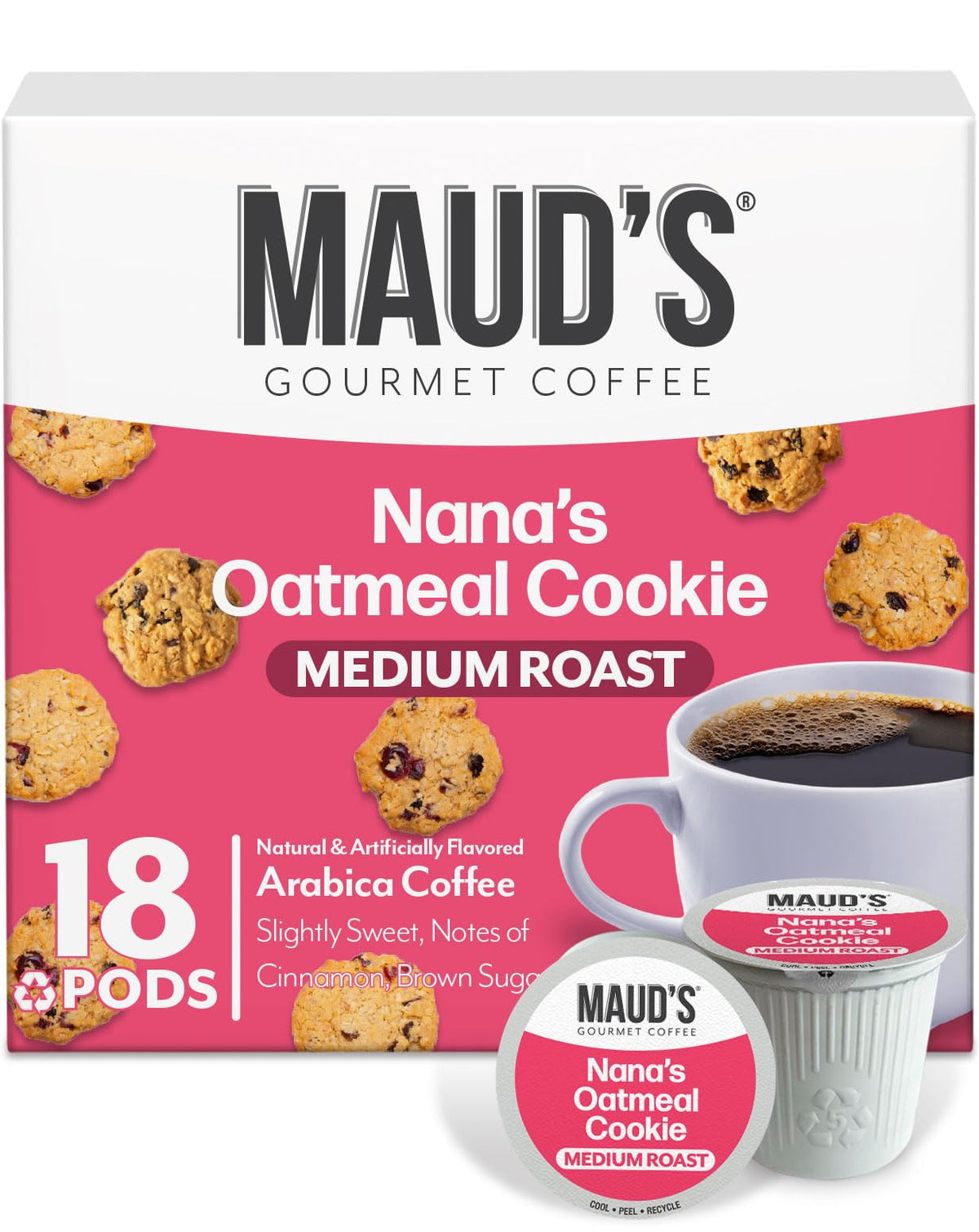 Maud's empaque frontal con cápsulas, muestra diseño y conteo de 18 unidades