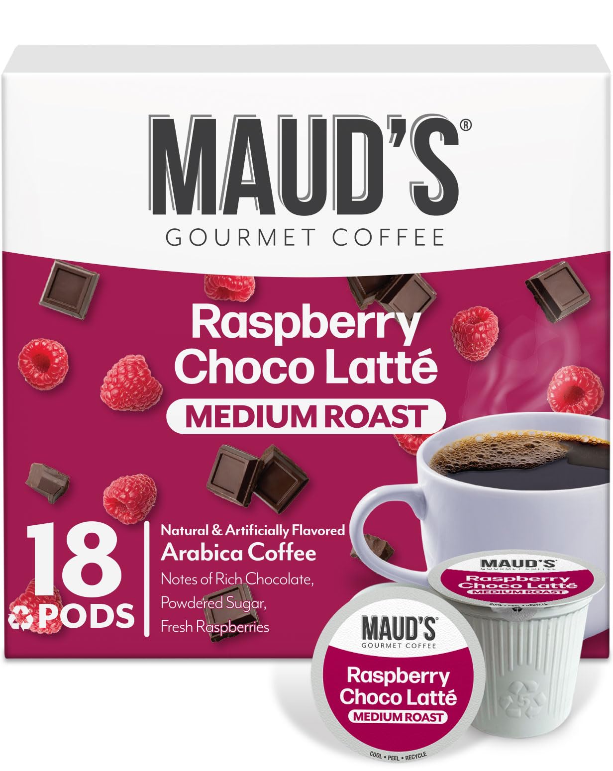 Maud's paquete frontal de 18 cápsulas con diseño y sabor frambuesa chocolate